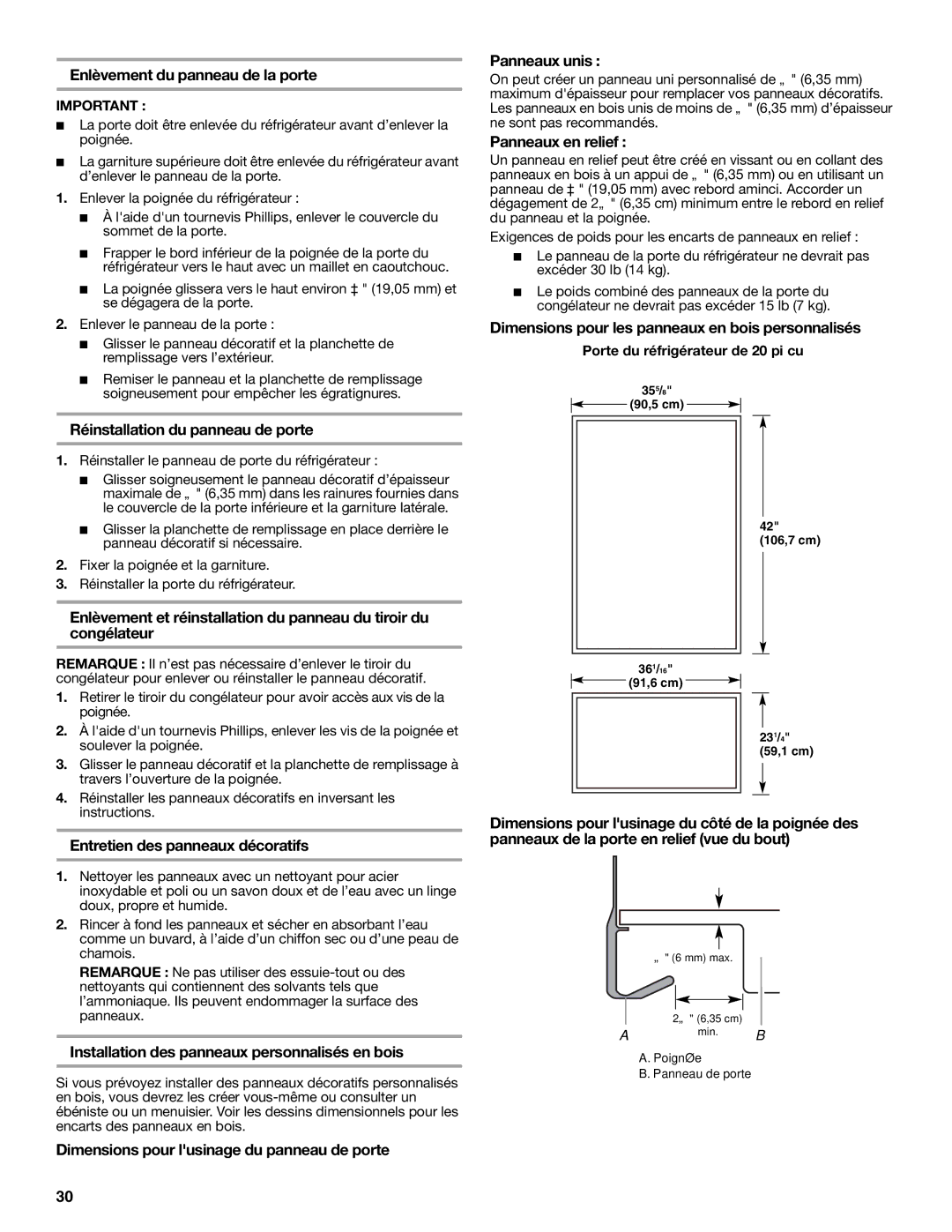 KitchenAid W10137649A Enlèvement du panneau de la porte, Réinstallation du panneau de porte, Panneaux en relief 