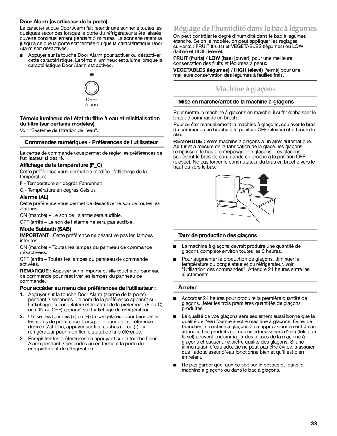 KitchenAid W10137649A installation instructions Réglage de lhumidité dans le bac à légumes, Machine à glaçons 