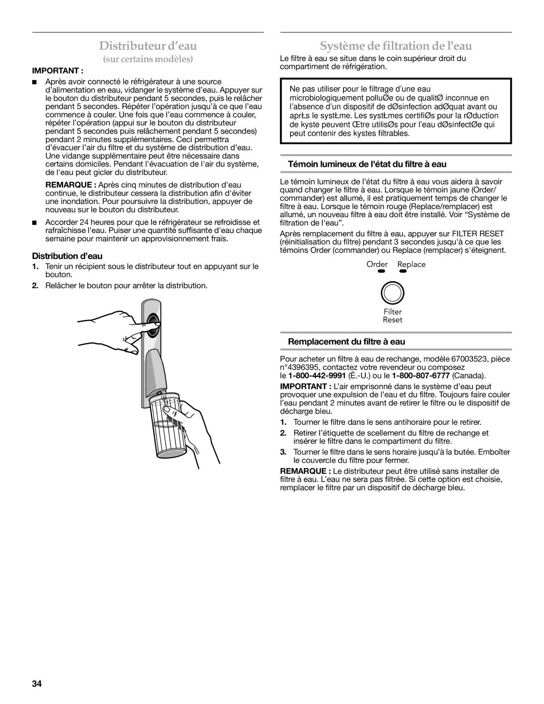 KitchenAid W10137649A Distributeur d’eau, Système de filtration de leau, Distribution d’eau, Remplacement du filtre à eau 