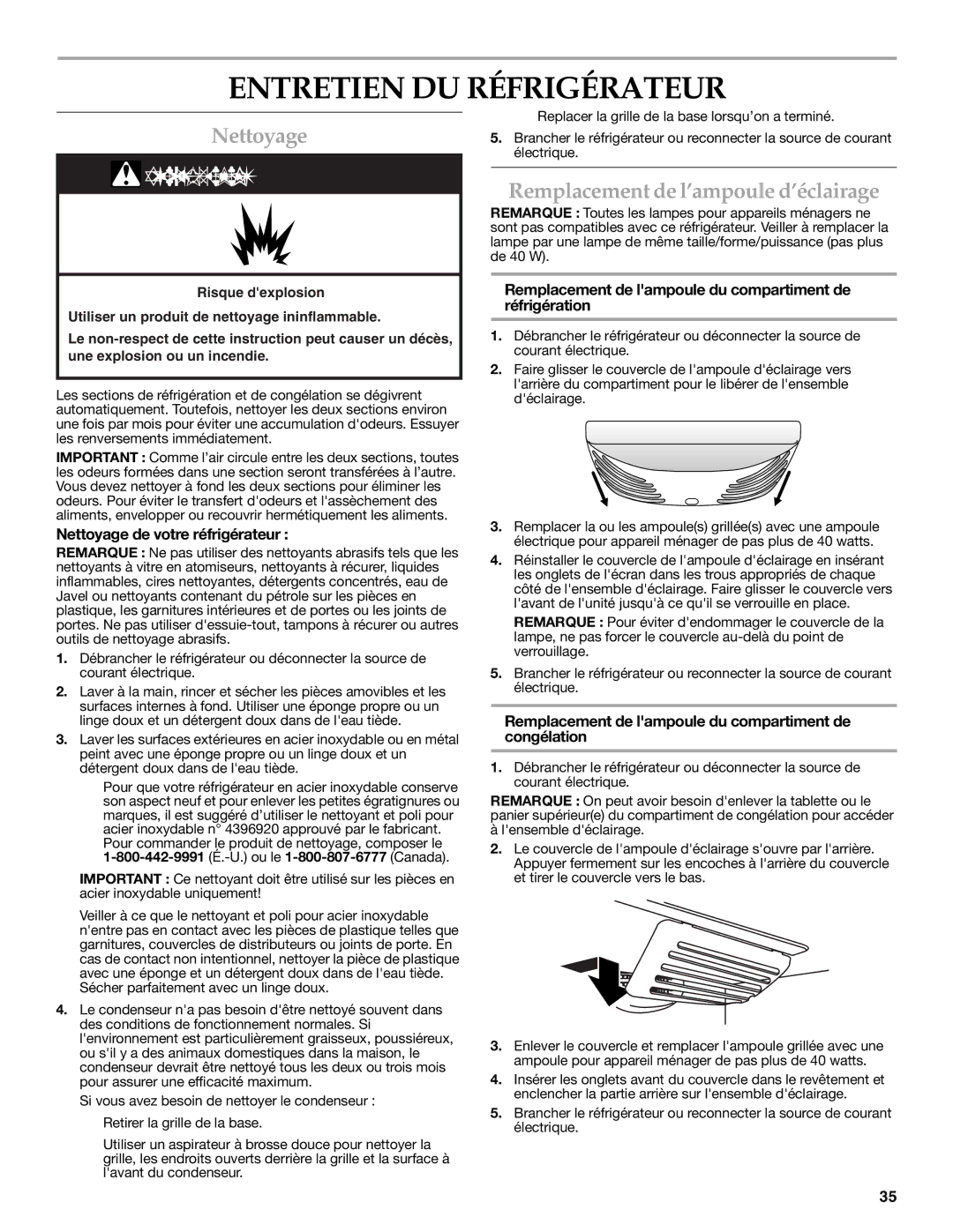 KitchenAid W10137649A Entretien DU Réfrigérateur, Nettoyage, Remplacement de l’ampoule d’éclairage 