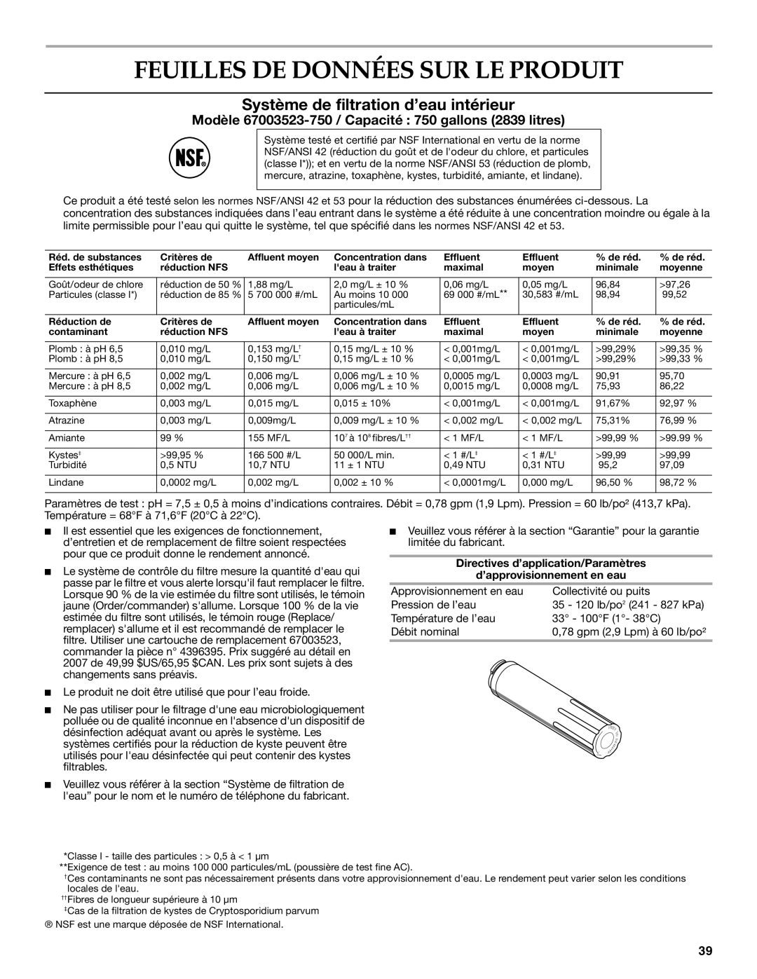 KitchenAid W10137649A installation instructions Feuilles DE Données SUR LE Produit, Système de filtration d’eau intérieur 