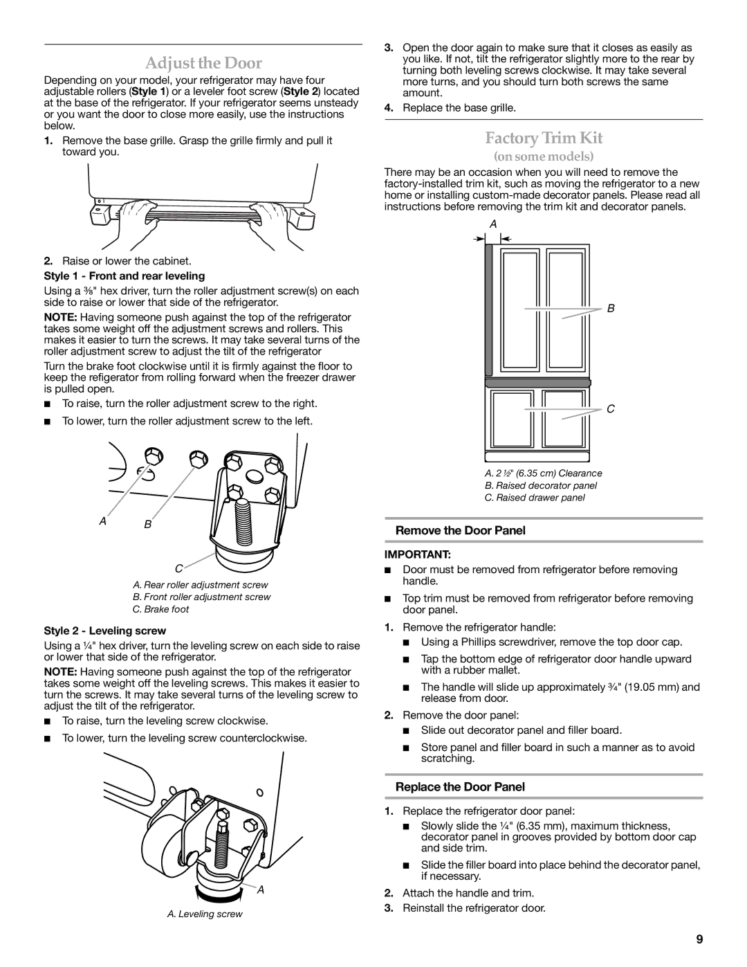 KitchenAid W10137649A Adjust the Door, Factory Trim Kit, Remove the Door Panel, Replace the Door Panel 