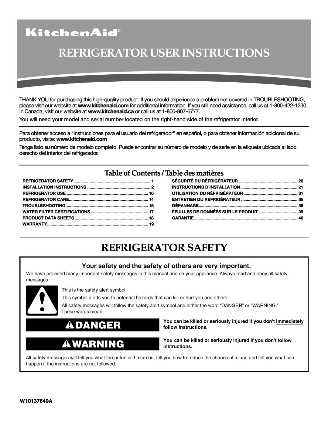 KitchenAid W10137649A installation instructions Refrigerator User Instructions, Refrigerator Safety, Danger 
