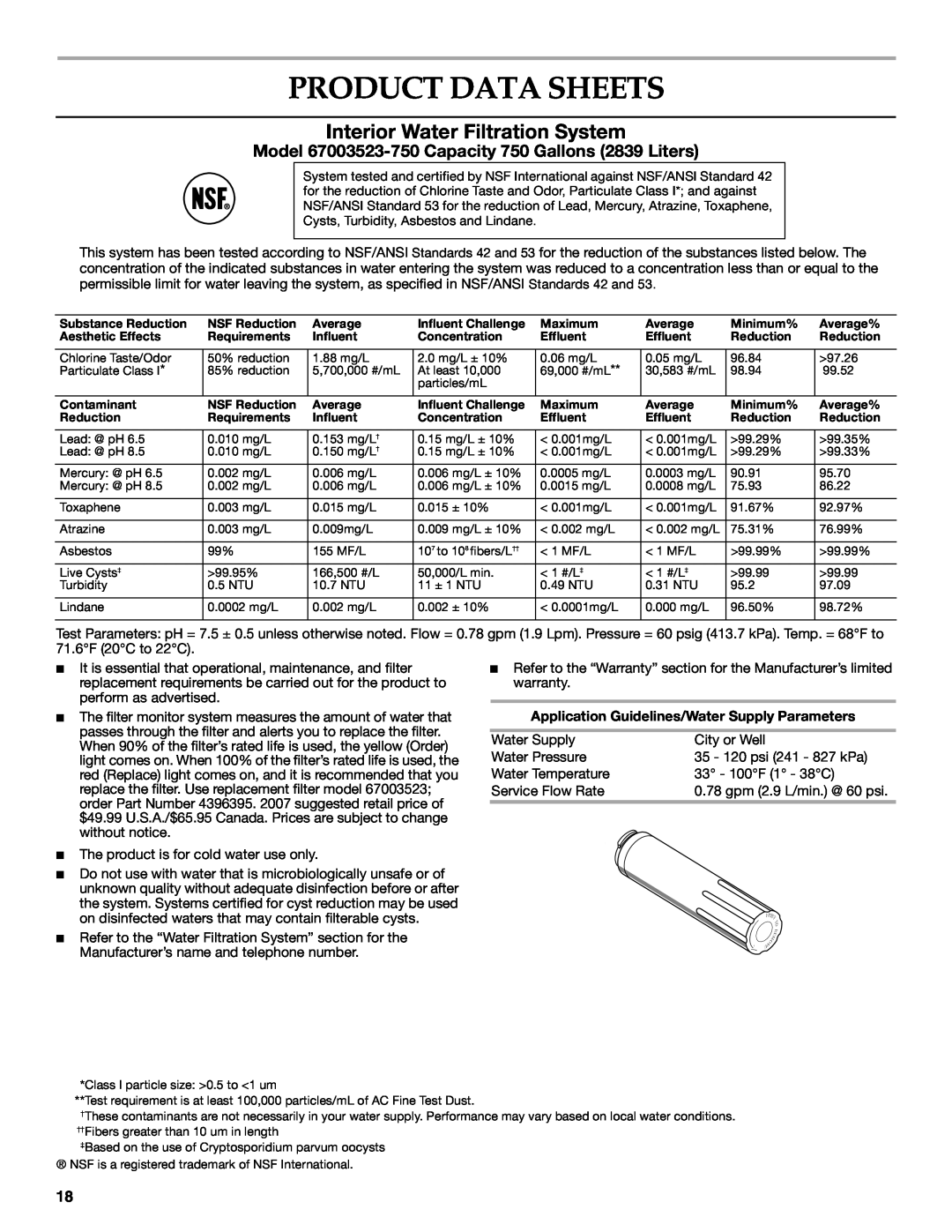 KitchenAid W10137649A installation instructions Product Data Sheets, Interior Water Filtration System 
