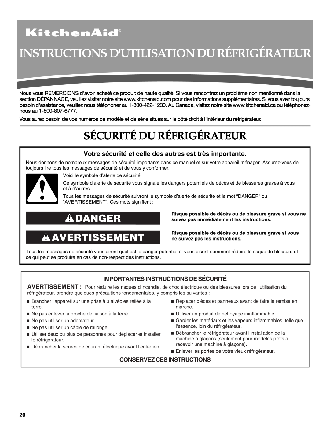 KitchenAid W10137649A Instructions Dutilisation Du Réfrigérateur, Sécurité Du Réfrigérateur, Danger Avertissement 