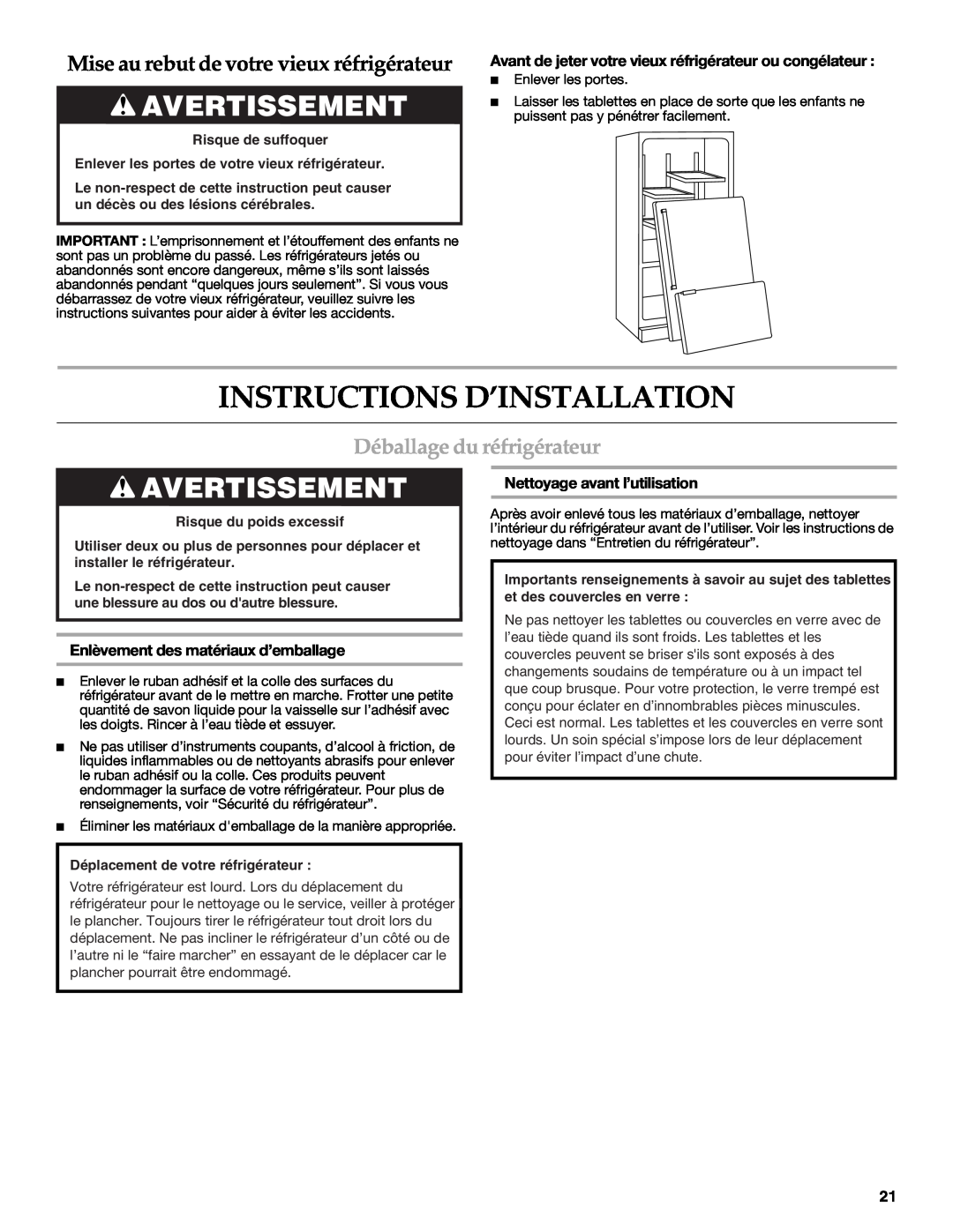 KitchenAid W10137649A Instructions D’Installation, Avertissement, Mise au rebut de votre vieux réfrigérateur 