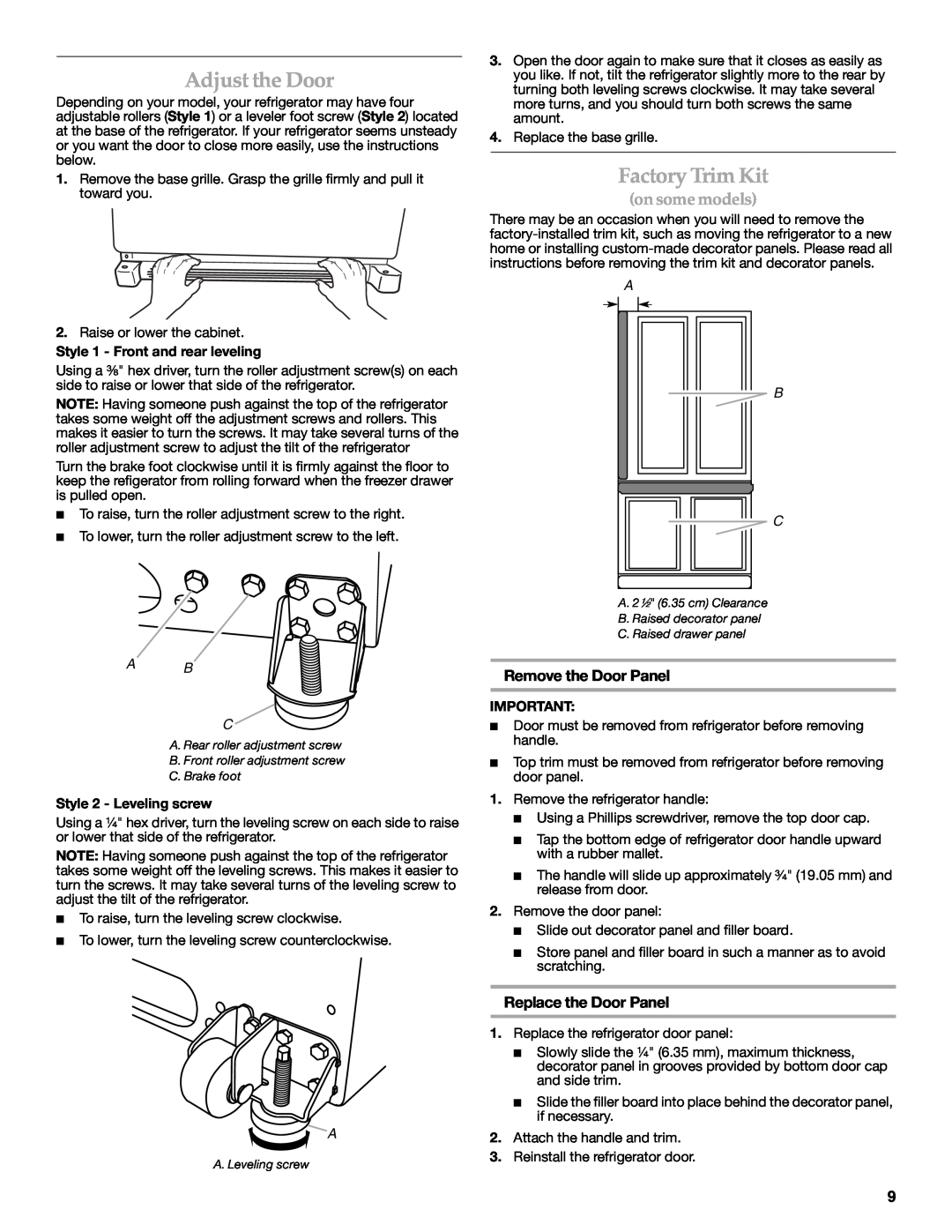 KitchenAid W10137649A Adjust the Door, Factory Trim Kit, on some models, Remove the Door Panel, Replace the Door Panel 