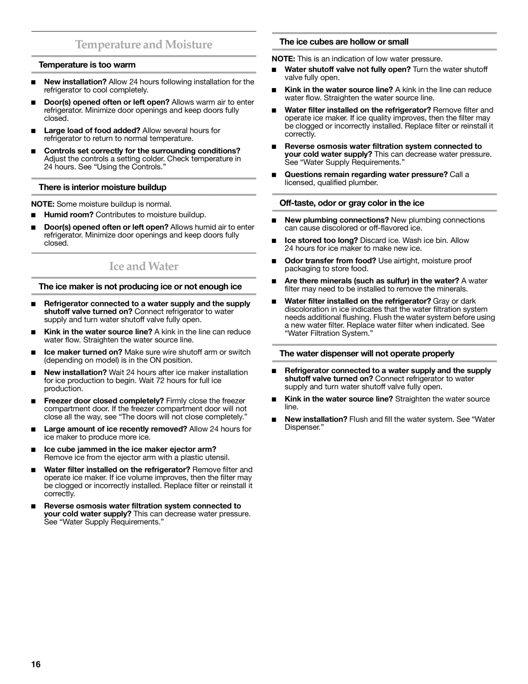 KitchenAid W10137649AS installation instructions Temperature and Moisture, Ice and Water 