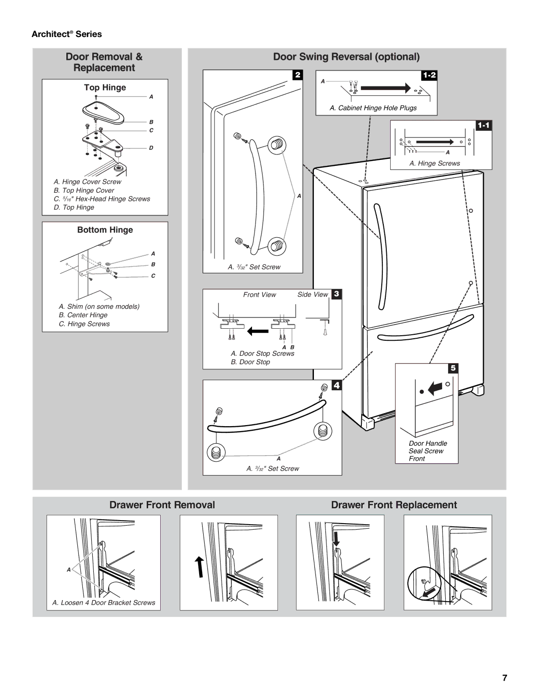 KitchenAid W10137649AS installation instructions Architect Series, Top Hinge, Bottom Hinge 