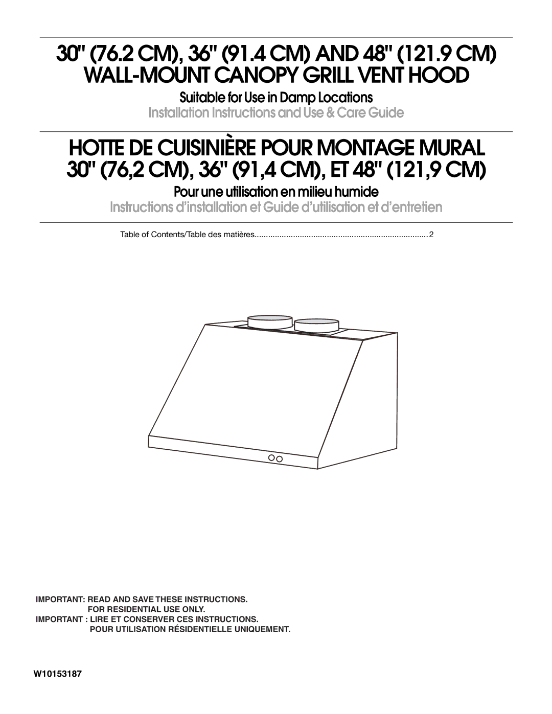 KitchenAid W10153153, W10153187A, W10153151, W10153152 installation instructions WALL-MOUNT Canopy Grill Vent Hood 