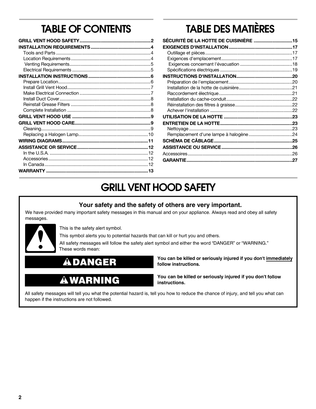 KitchenAid W10153187A, W10153153, W10153151, W10153152 installation instructions Grill Vent Hood Safety, Table of Contents 