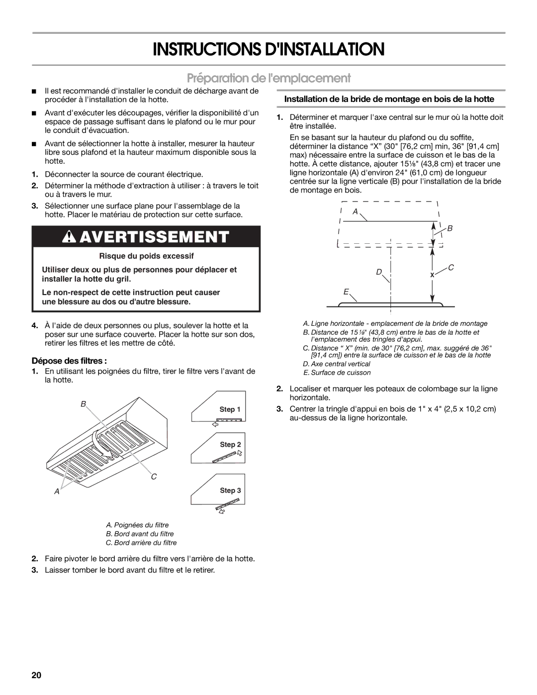 KitchenAid W10153187A, W10153153, W10153151 Instructions Dinstallation, Préparation de lemplacement, Dépose des filtres 