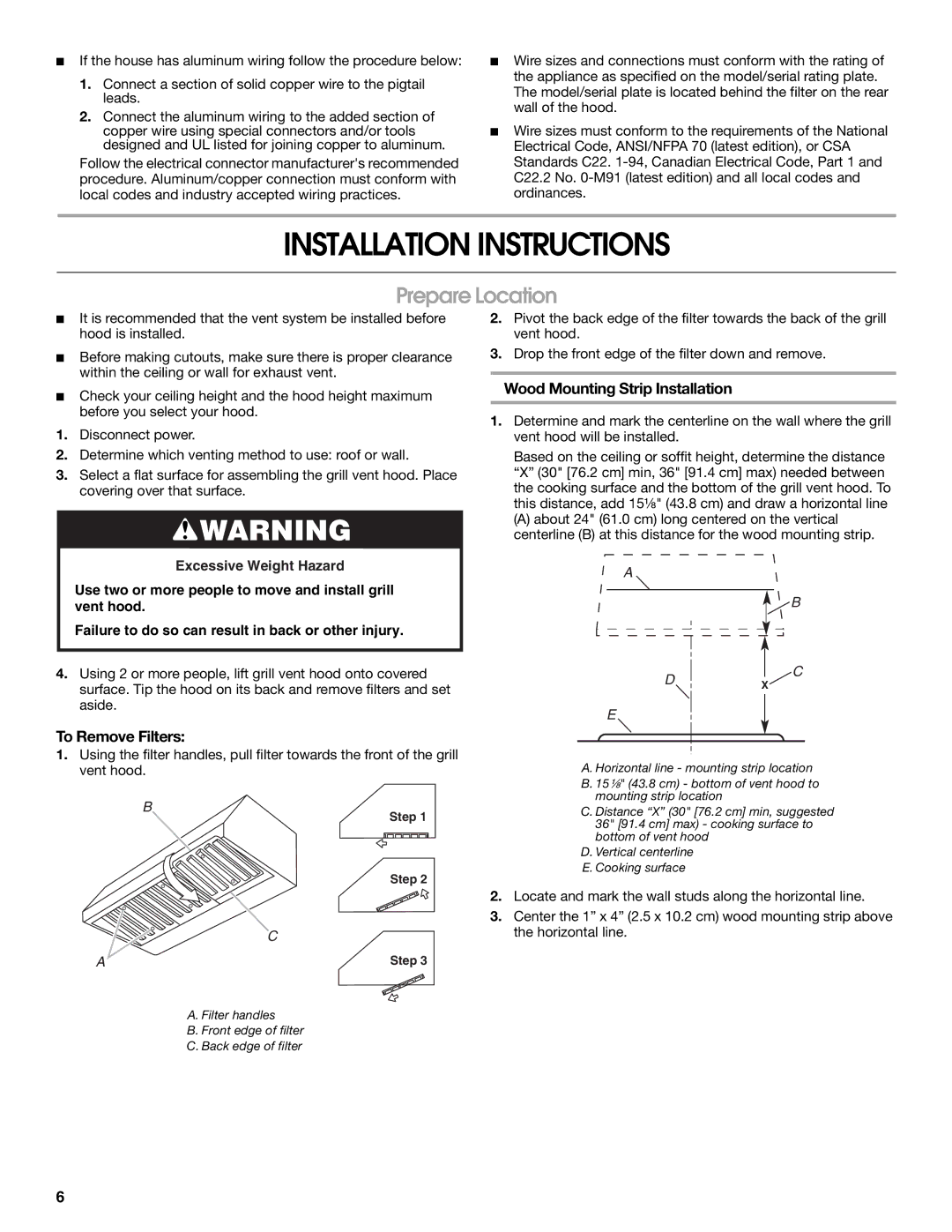 KitchenAid W10153153 Installation Instructions, Prepare Location, To Remove Filters, Wood Mounting Strip Installation 