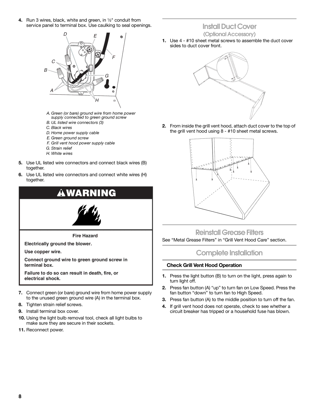 KitchenAid W10153151 Install Duct Cover, Reinstall Grease Filters, Complete Installation, Check Grill Vent Hood Operation 