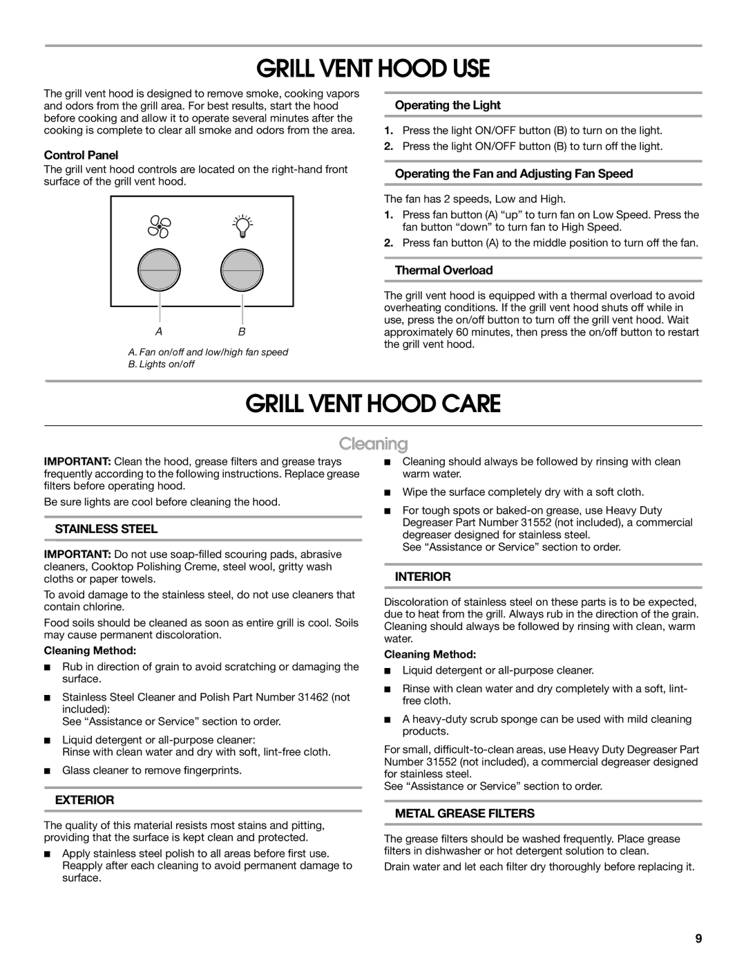 KitchenAid W10153152, W10153187A, W10153153, W10153151 Grill Vent Hood USE, Grill Vent Hood Care, Cleaning 