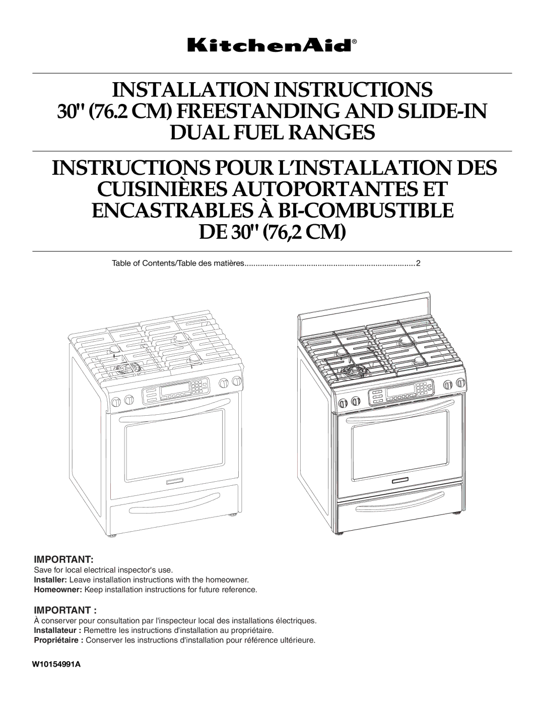 KitchenAid W10154991A installation instructions DE 30 76,2 CM 