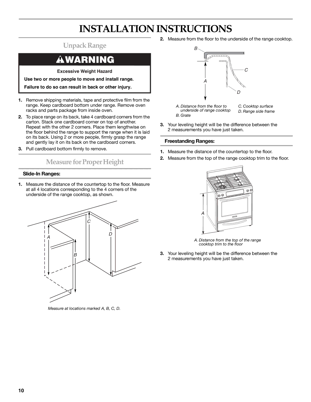 KitchenAid W10154991A Installation Instructions, Unpack Range, MeasureforProperHeight, Slide-In Ranges 