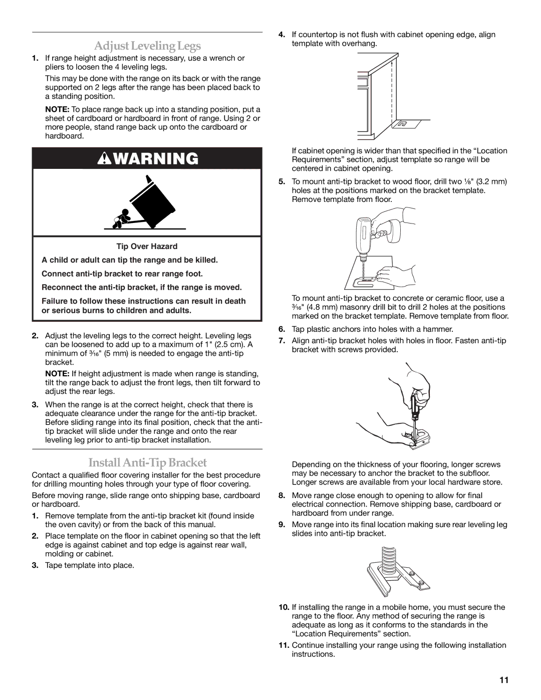 KitchenAid W10154991A installation instructions Adjust LevelingLegs, InstallAnti-TipBracket 