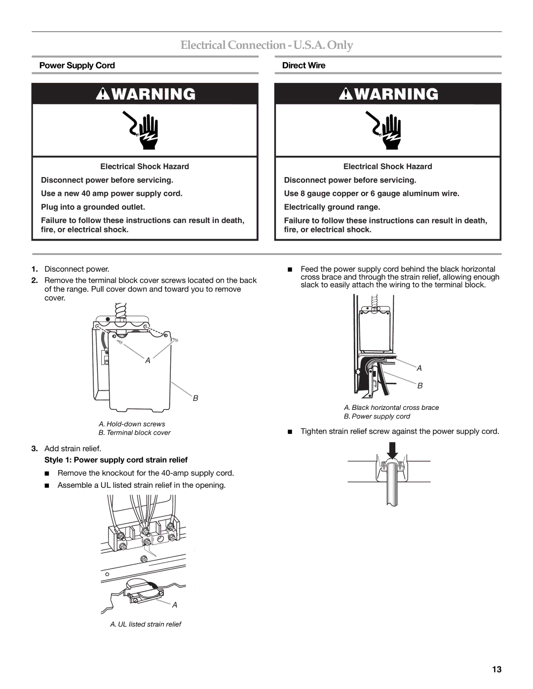 KitchenAid W10154991A installation instructions Electrical Connection -U.S.A.Only, Power Supply Cord, Direct Wire 