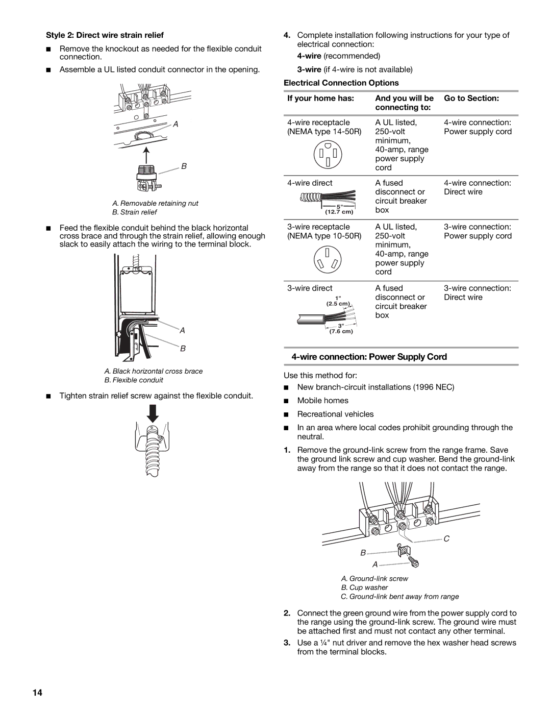 KitchenAid W10154991A installation instructions Wire connection Power Supply Cord, Style 2 Direct wire strain relief 