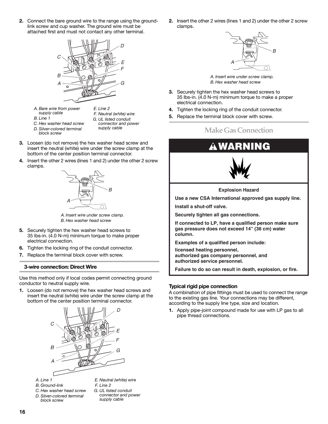 KitchenAid W10154991A installation instructions Make Gas Connection, Typical rigid pipe connection 