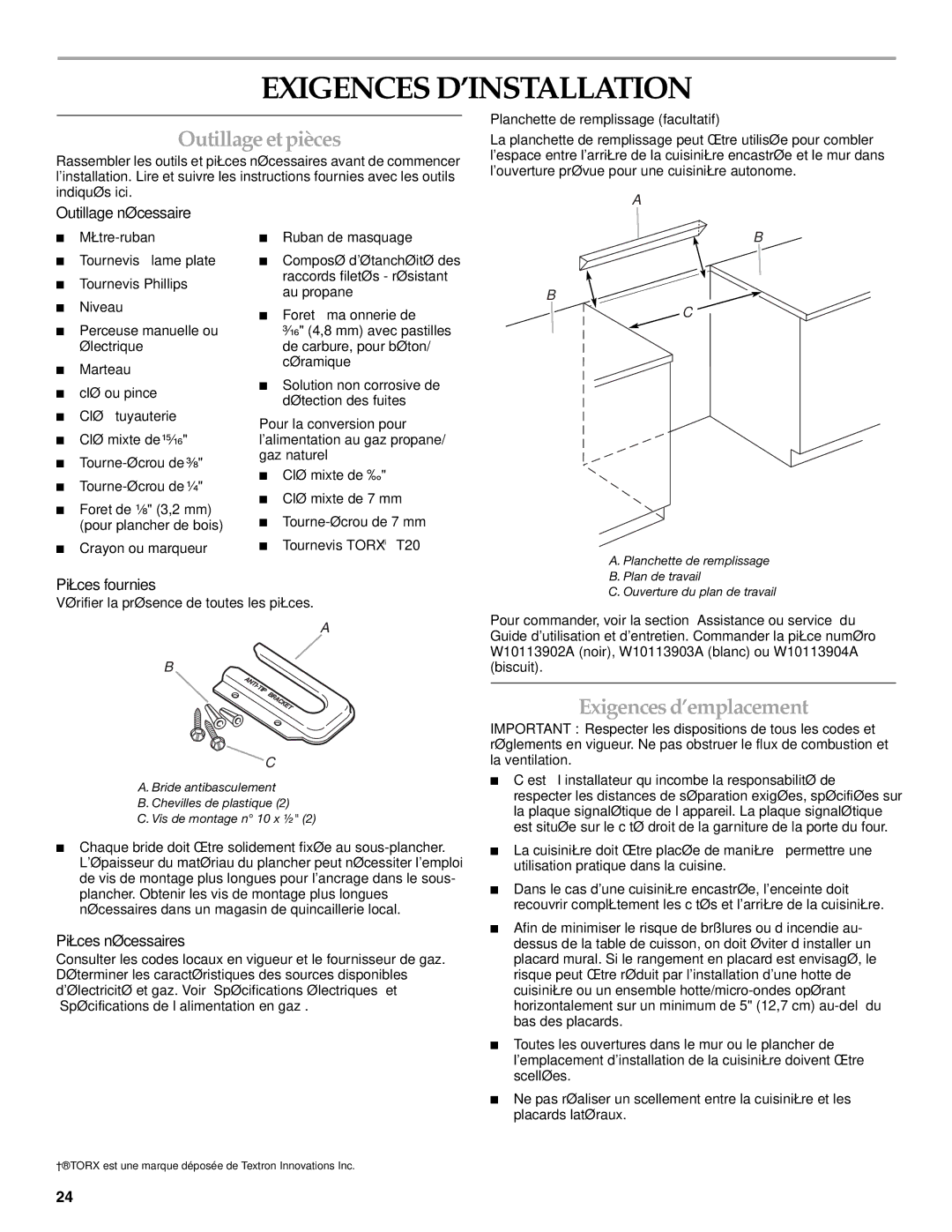 KitchenAid W10154991A installation instructions Exigences D’INSTALLATION, Outillageetpièces, Exigencesd’emplacement 