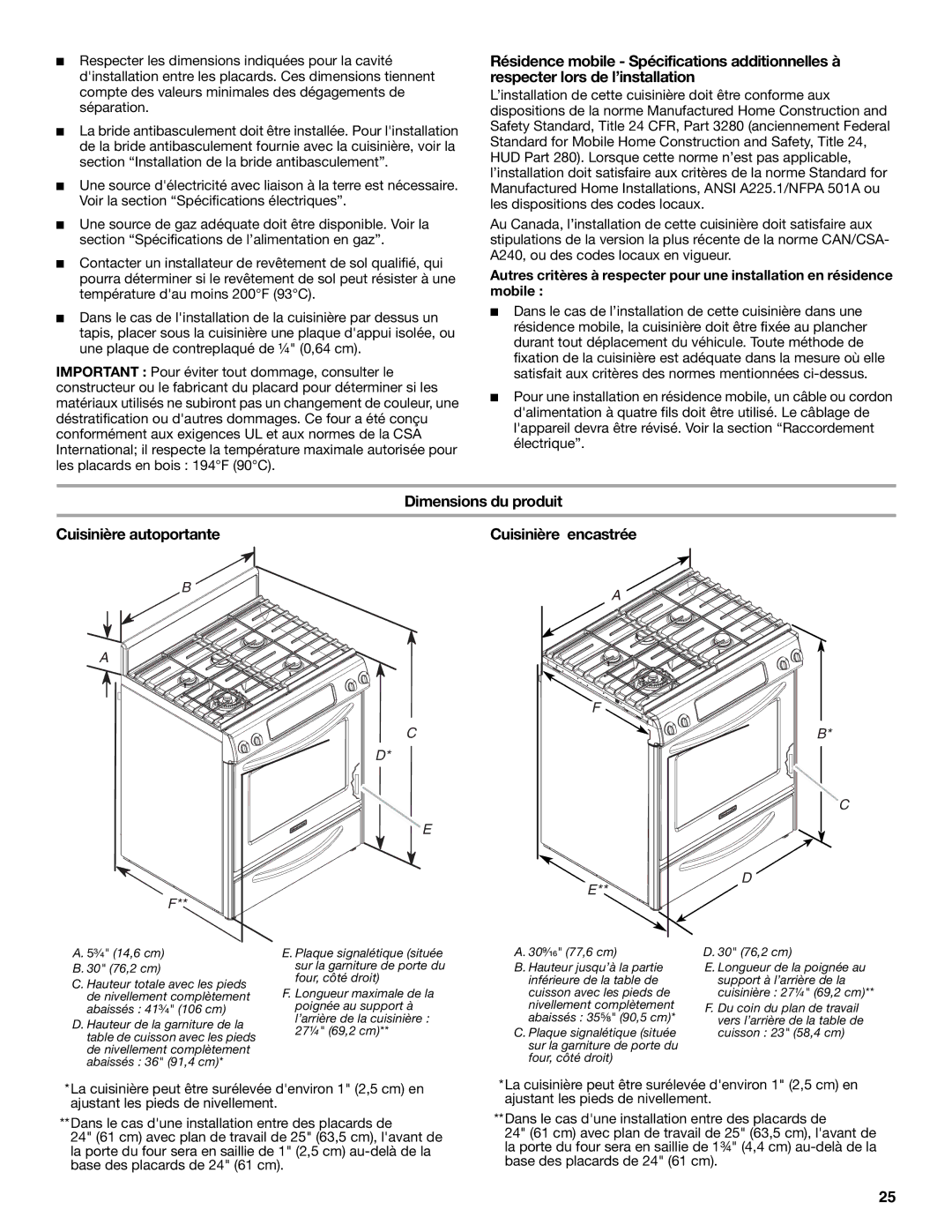 KitchenAid W10154991A installation instructions Dimensions du produit Cuisinière autoportante, Cuisinière encastrée 