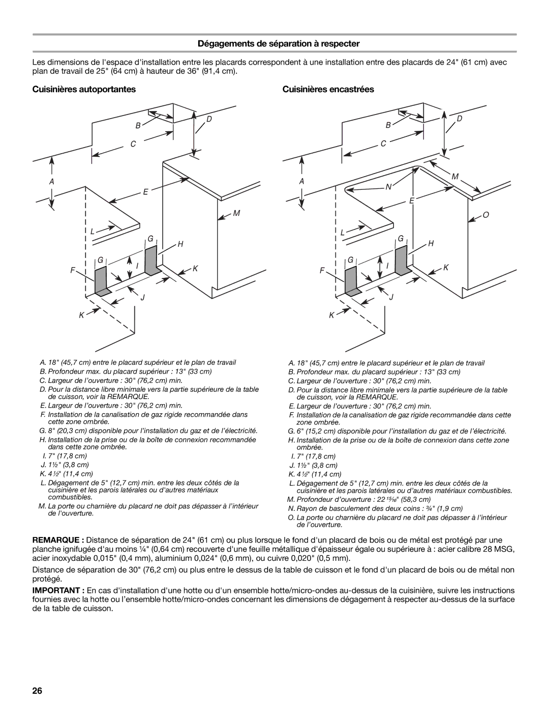 KitchenAid W10154991A Dégagements de séparation à respecter, Cuisinières autoportantes, Cuisinières encastrées 