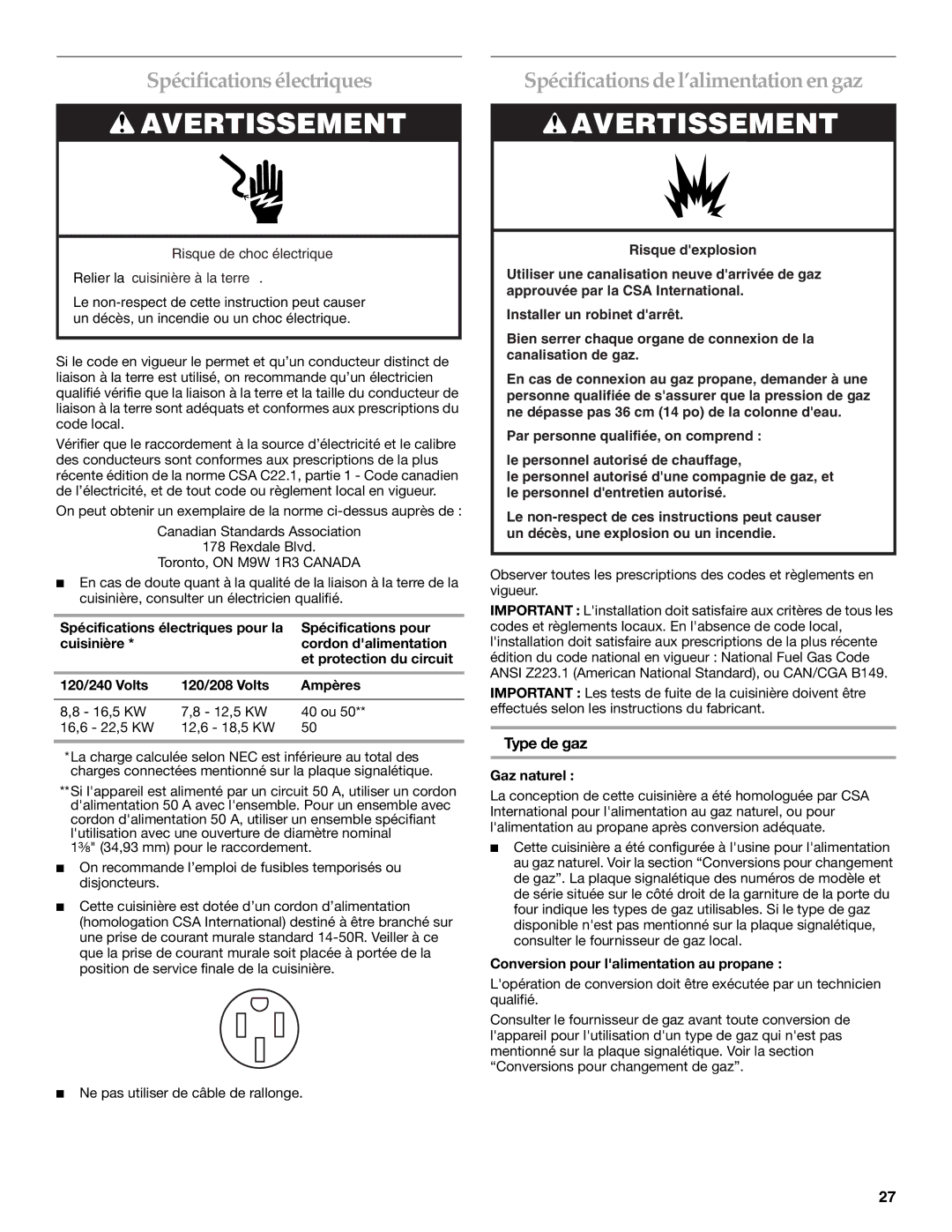 KitchenAid W10154991A Spécifications électriques, Spécifications del’alimentation engaz, Type de gaz, Gaz naturel 