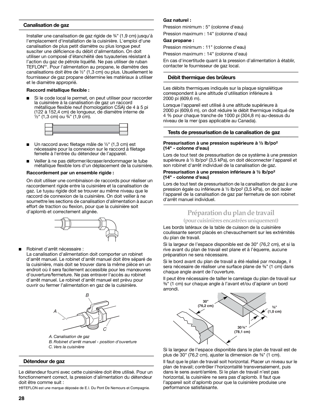 KitchenAid W10154991A Préparationduplandetravail, Canalisation de gaz, Débit thermique des brûleurs, Détendeur de gaz 