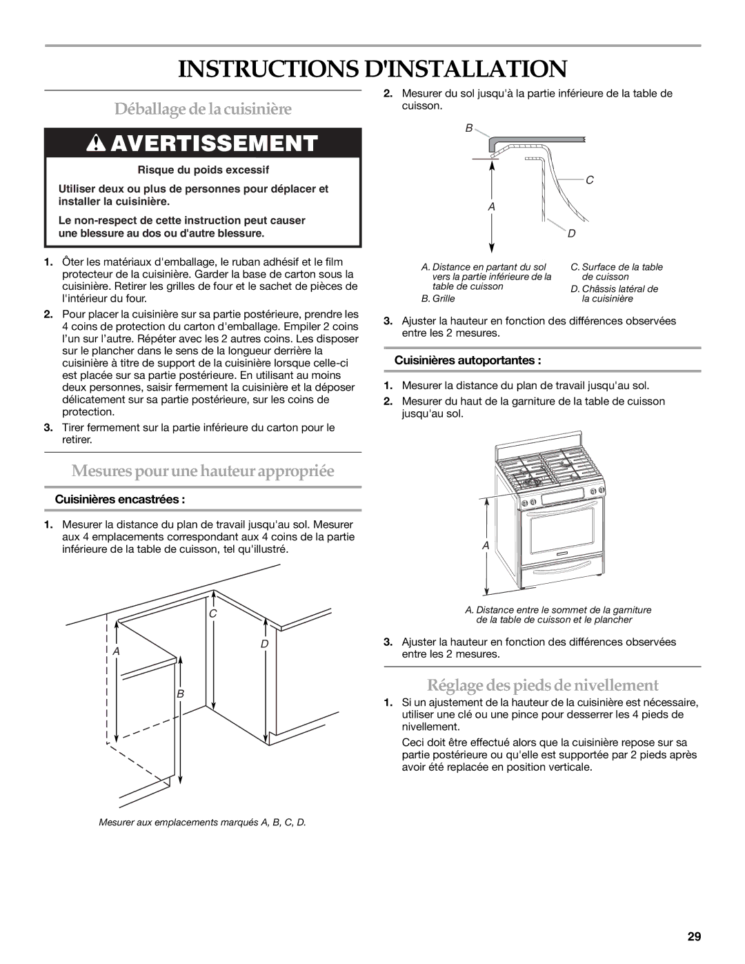 KitchenAid W10154991A Instructions Dinstallation, Déballagede lacuisinière, Mesurespourunehauteurappropriée 