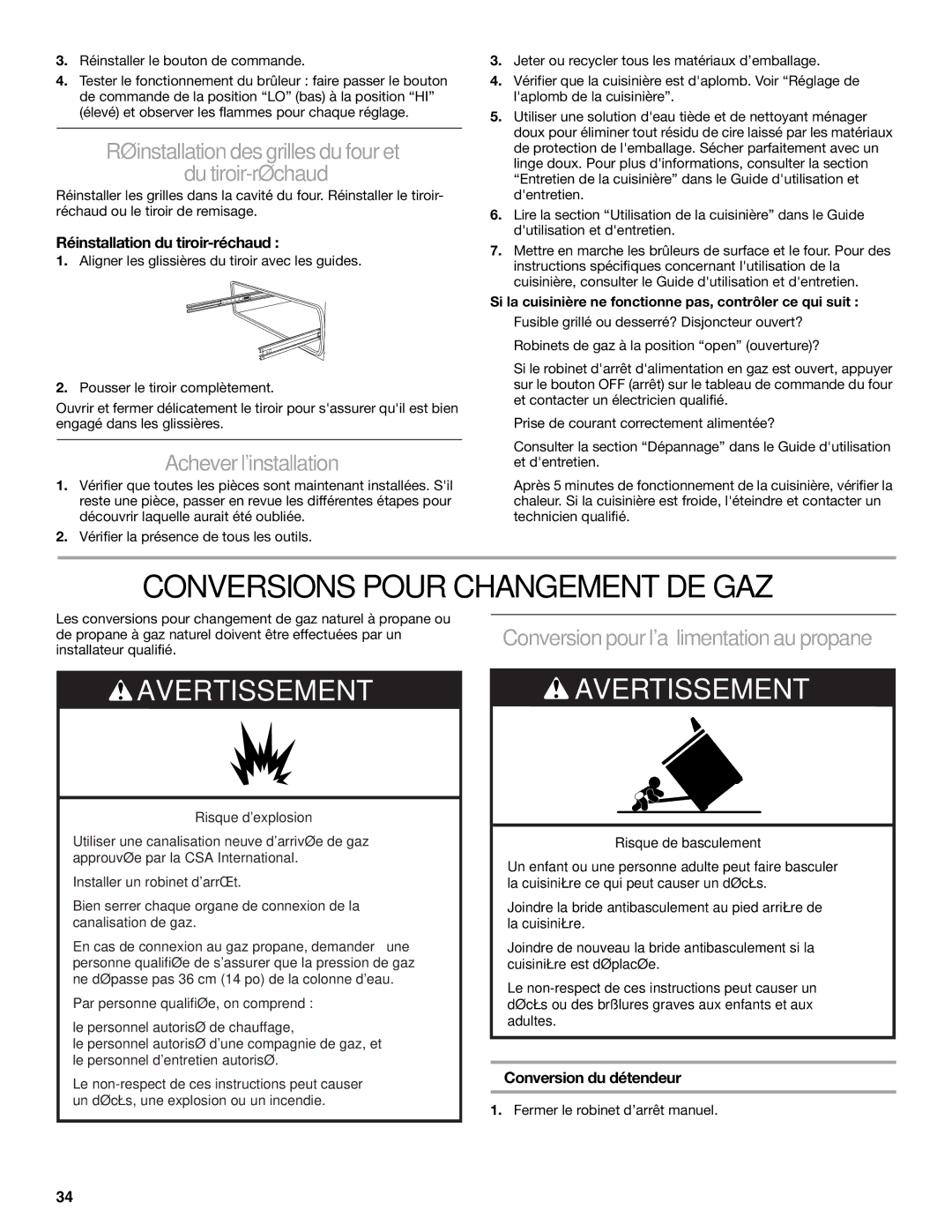 KitchenAid W10154991A Conversions Pour Changement DE GAZ, Réinstallationdes grillesdufouret Dutiroir-réchaud 