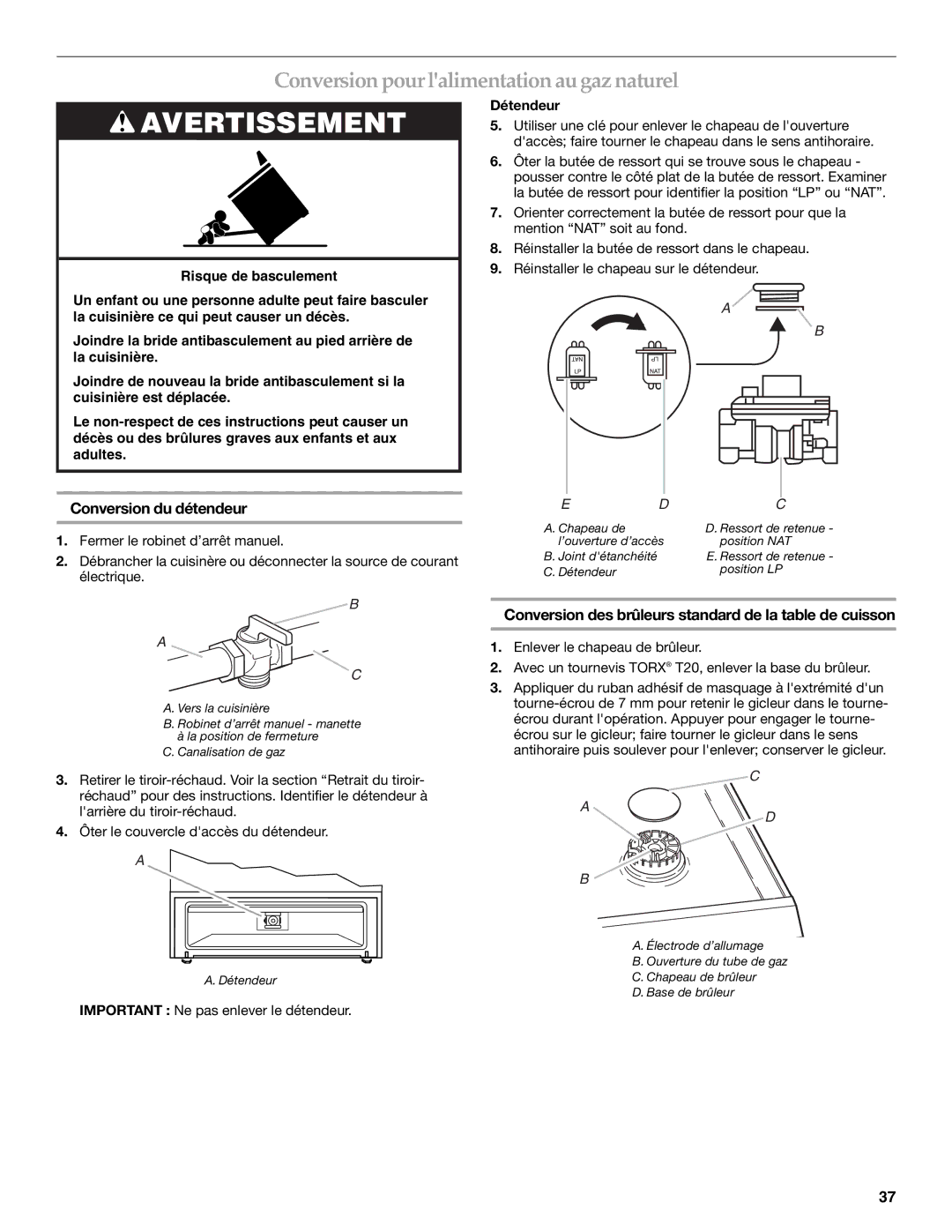 KitchenAid W10154991A installation instructions Conversionpourlalimentation augaz naturel, Conversion du détendeur 