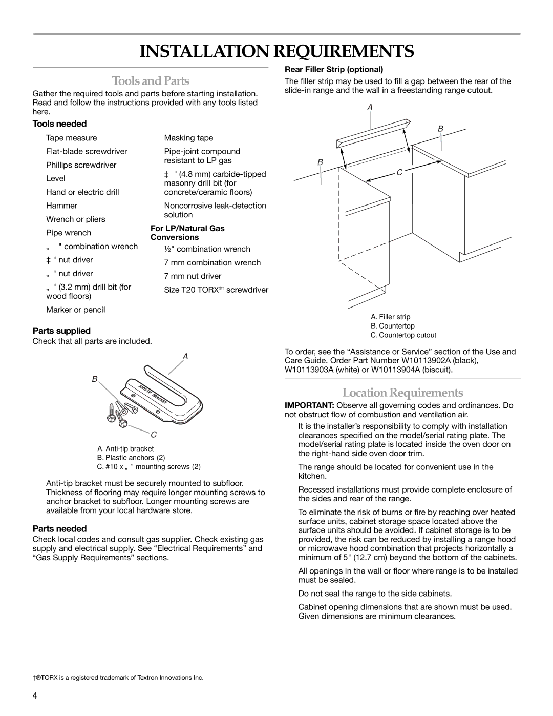 KitchenAid W10154991A installation instructions Installation Requirements, ToolsandParts, Location Requirements 