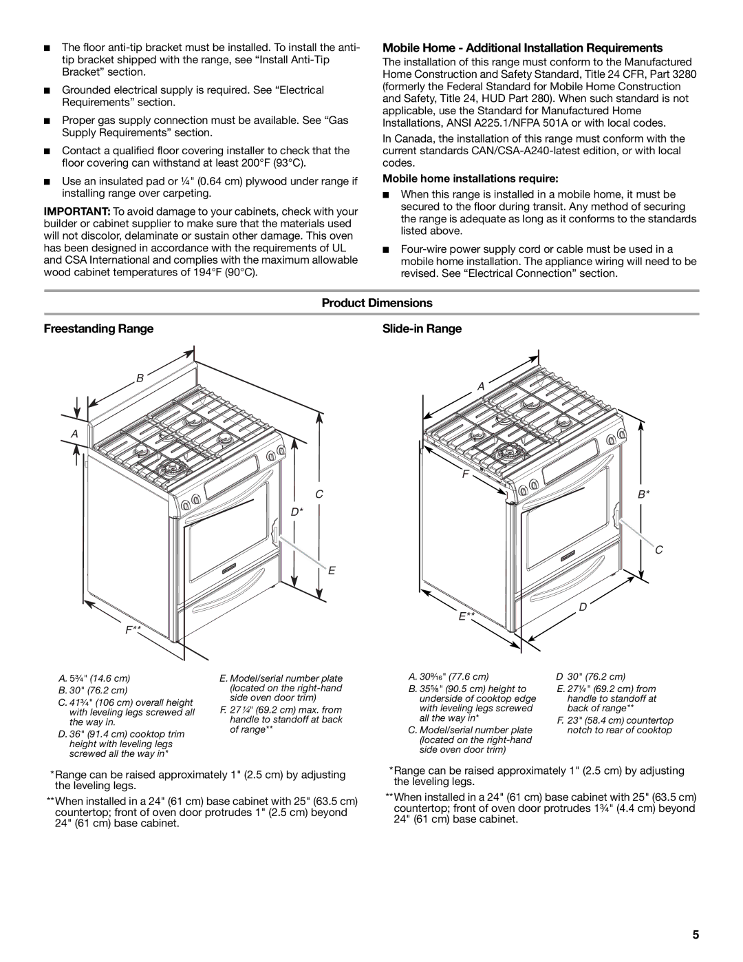 KitchenAid W10154991A Mobile Home Additional Installation Requirements, Product Dimensions Freestanding Range 