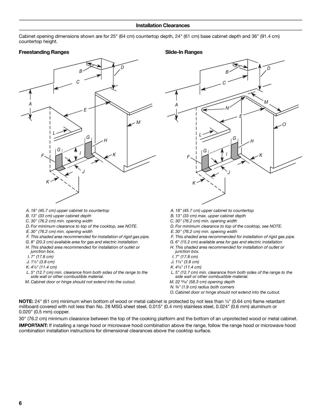 KitchenAid W10154991A installation instructions Installation Clearances, Freestanding Ranges, Slide-In Ranges 