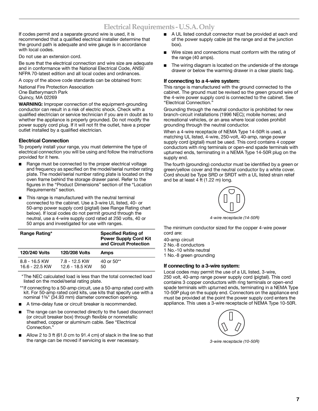 KitchenAid W10154991A Electrical Requirements U.S.A.Only, Electrical Connection, If connecting to a 4-wire system 