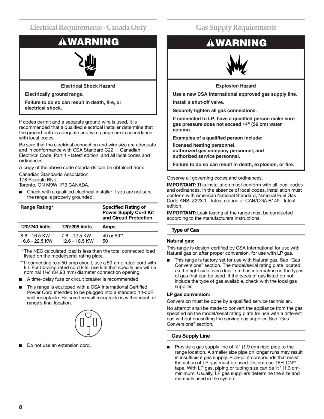 KitchenAid W10154991A Electrical Requirements -Canada Only, Gas Supply Requirements, Type of Gas, Gas Supply Line 