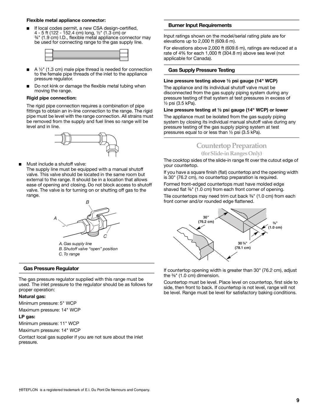 KitchenAid W10154991A CountertopPreparation, Burner Input Requirements, Gas Supply Pressure Testing 