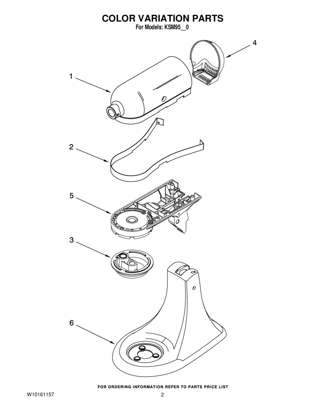 KitchenAid KSM95WH0, W10161157, KSM95SM0, KSM95ER0, KSM95BU0, KSM95TG0, KSM95PWH0, KSM95GR0, KSM95GA0 manual Color Variation Parts 