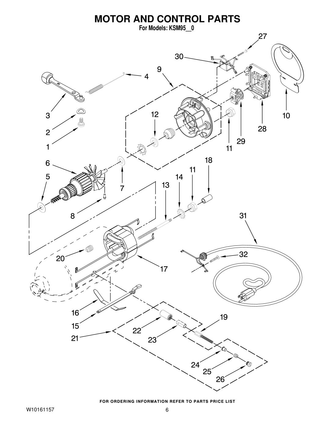 KitchenAid KSM95PWH0, W10161157, KSM95SM0, KSM95WH0, KSM95ER0, KSM95BU0, KSM95TG0, KSM95GR0, KSM95GA0 Motor and Control Parts 