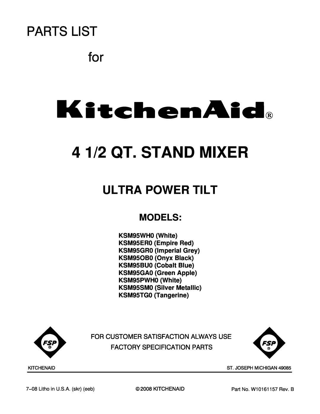 KitchenAid KSM95SM0 manual Models, KSM95WH0 White KSM95ER0 Empire Red KSM95GR0 Imperial Grey, 4 1/2 QT. STAND MIXER 