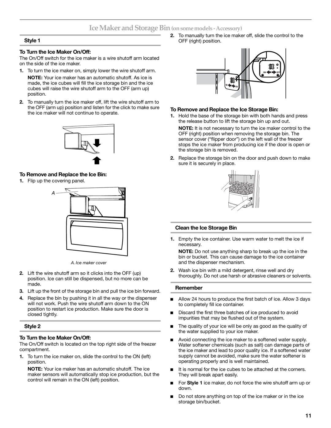 KitchenAid W10161714A Style To Turn the Ice Maker On/Off, To Remove and Replace the Ice Bin, Clean the Ice Storage Bin 