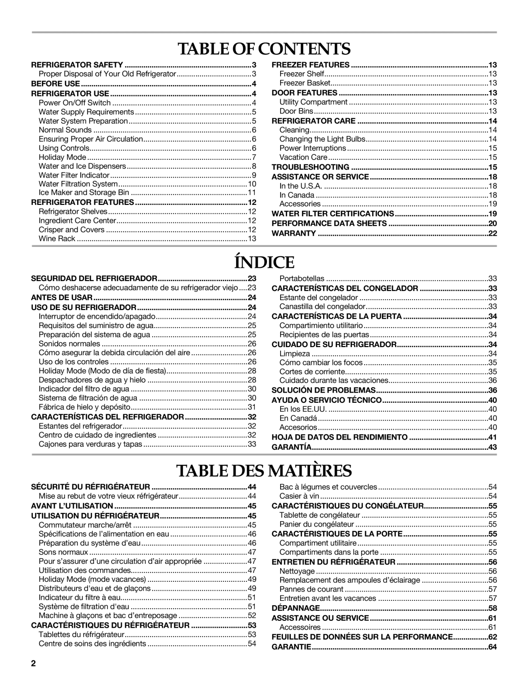 KitchenAid W10161714A manual Table of Contents, Índice, Table DES Matières 