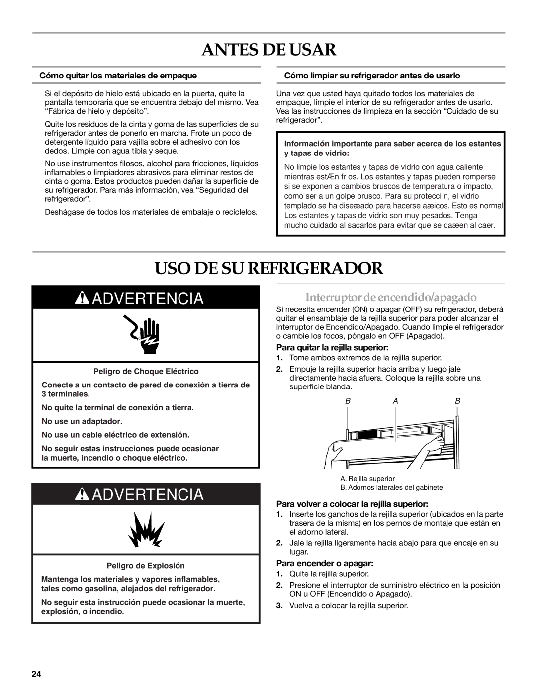 KitchenAid W10161714A manual Antes DE Usar, USO DE SU Refrigerador, Interruptor de encendido/apagado 