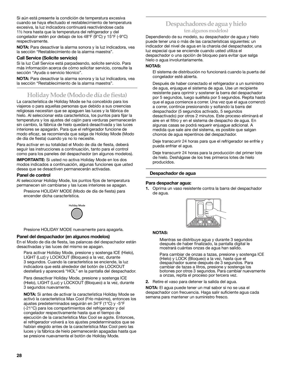 KitchenAid W10161714A manual Holiday Mode Modo de día de fiesta, Despachadores de agua y hielo 