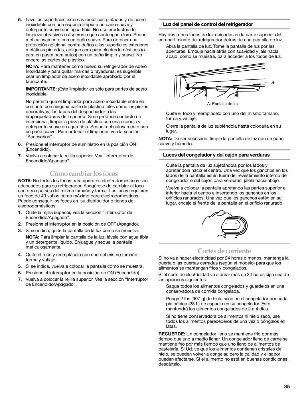 KitchenAid W10161714A manual Cómo cambiar los focos, Cortes de corriente, Luz del panel de control del refrigerador 