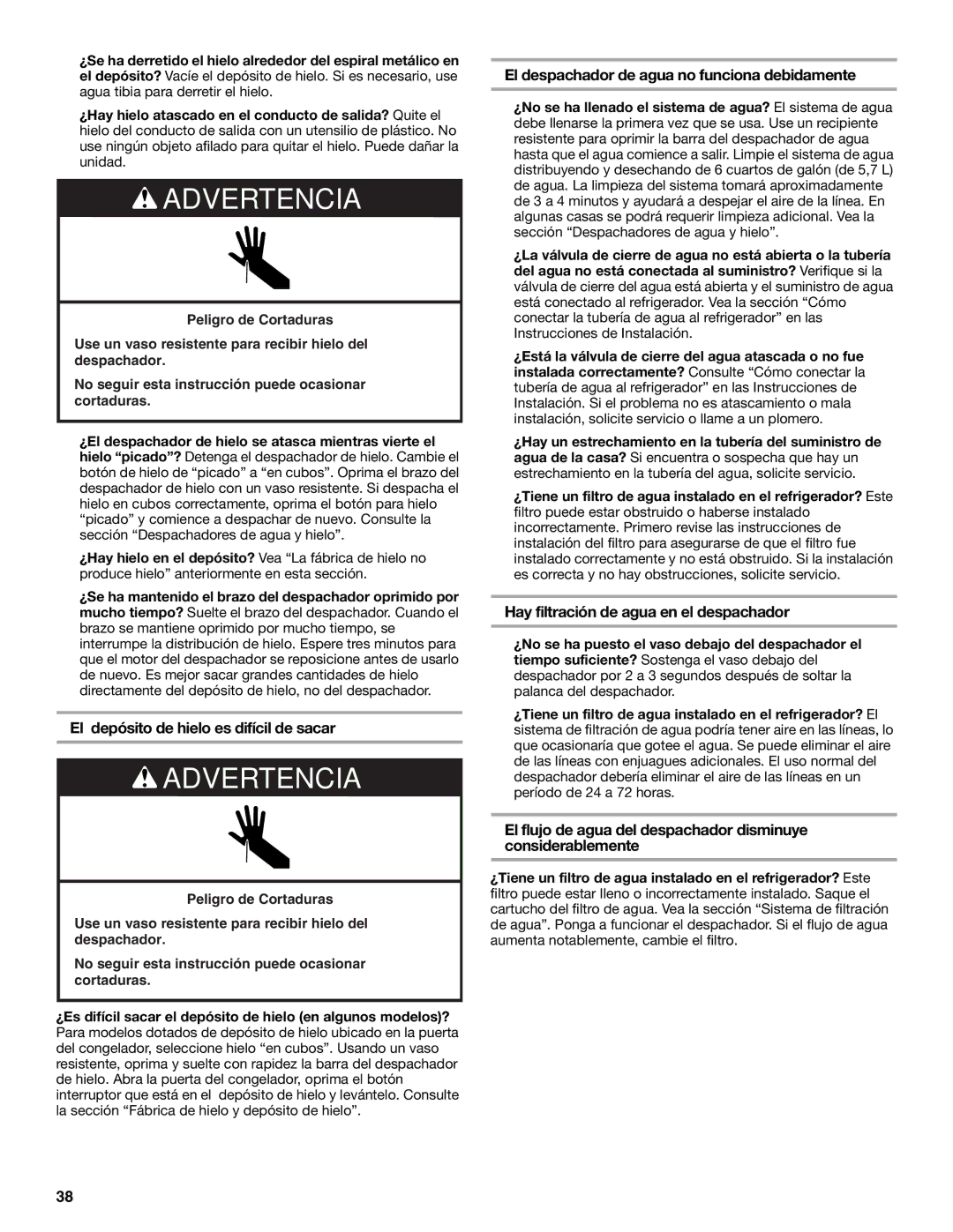 KitchenAid W10161714A manual El depósito de hielo es difícil de sacar, El despachador de agua no funciona debidamente 