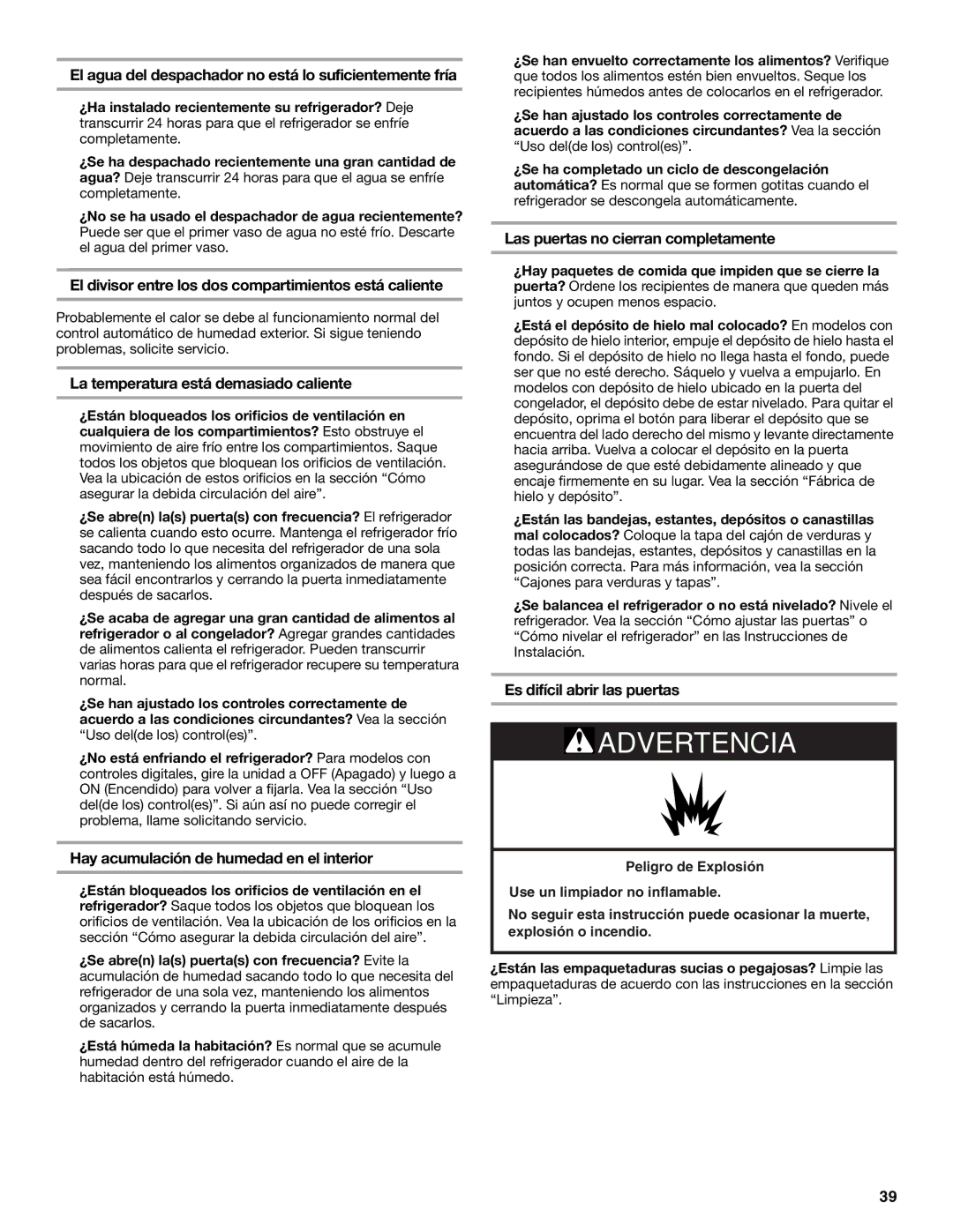 KitchenAid W10161714A El agua del despachador no está lo suficientemente fría, La temperatura está demasiado caliente 