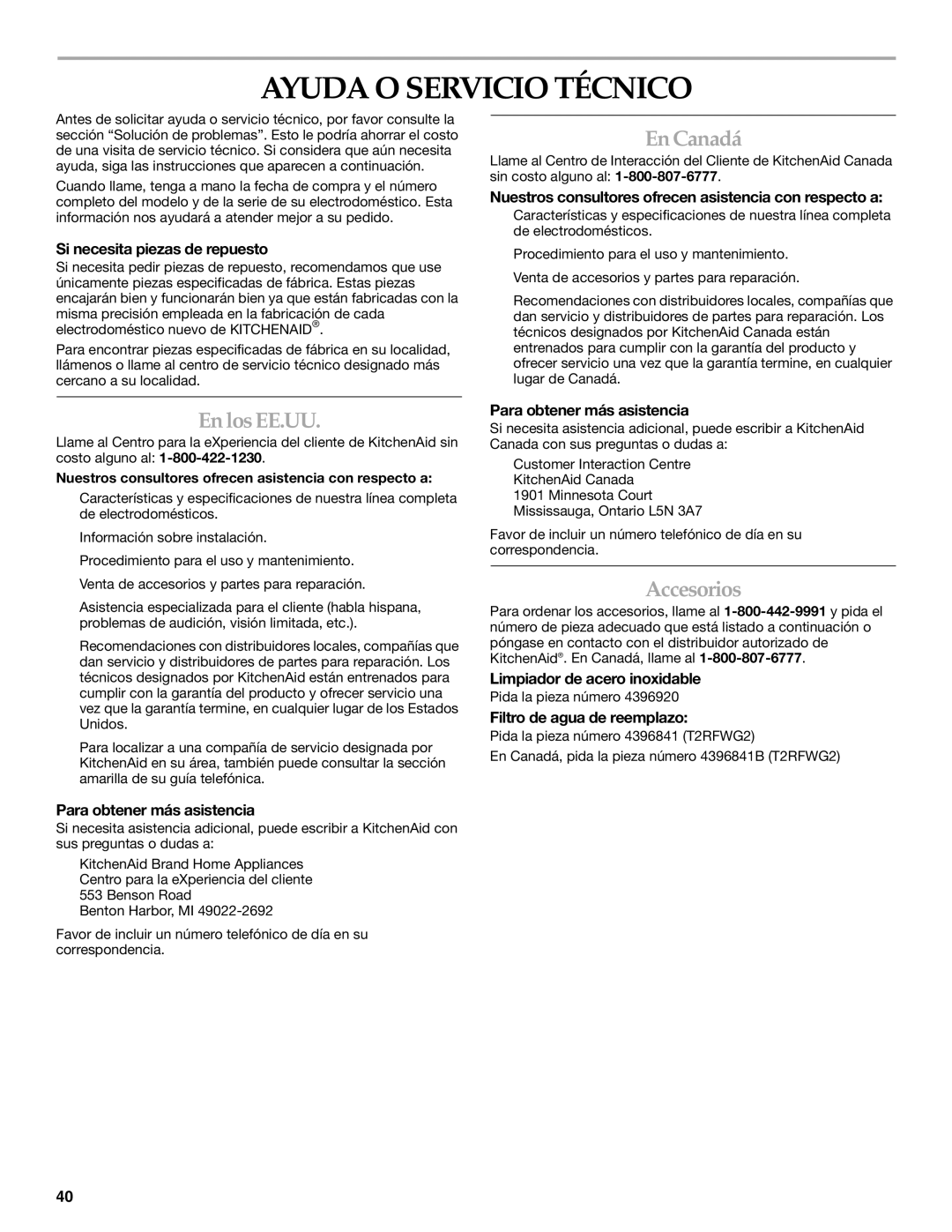 KitchenAid W10161714A manual Ayuda O Servicio Técnico, En Canadá, En los EE.UU, Accesorios 